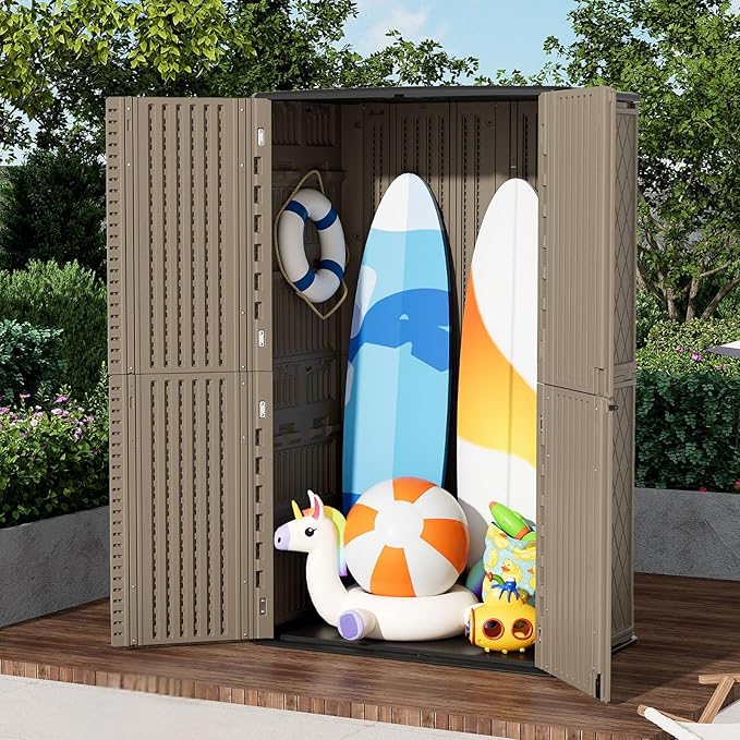 ZZM Large 67 Cu.ft Waterproof Storage Shed, Outdoor Storage Cabinet，Durable Resin Sheds for Patio Furniture, Garden Tools, Pool Accessories, Mower Storage (Coffee)