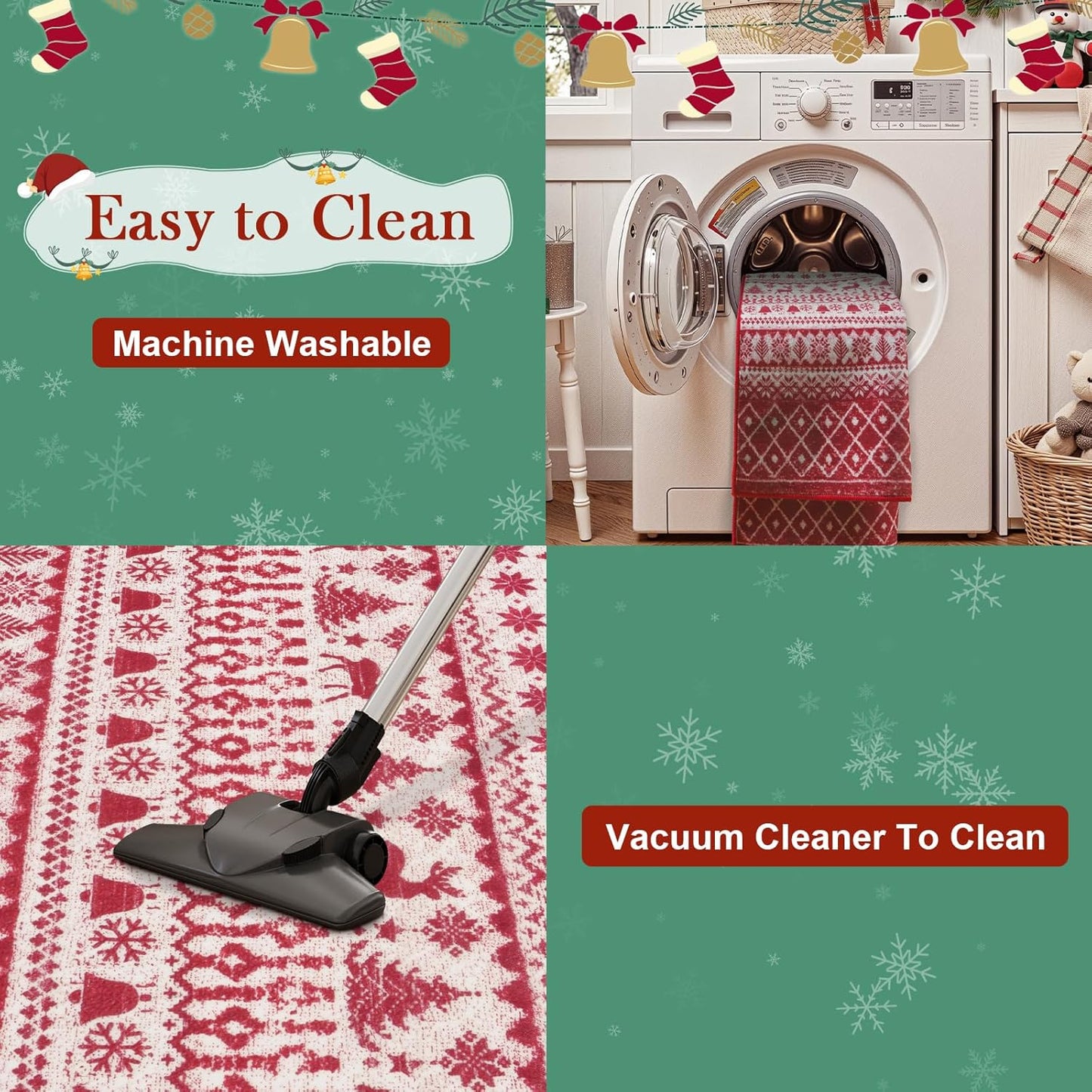 Christmas Runner Rug, 2x6 Red Christmas Kitchen Runner Rug, Non-Slip Washable Indoor Door Mat, Winter Xmas Holiday Floor Decor Carpet Runners for Hallways Bedroom Laundry Room