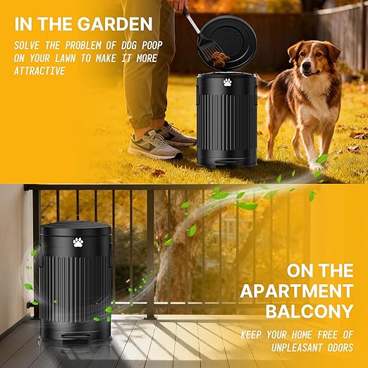 Dog Poop Trash Can Outside, 20L/5Gal Metal Outdoor Trash Can with Lid, Foot Pedal, Dog Waste Container with 20 Bags, Pet Poop Bucket with Soft Close for Backyard Odor Control, Round Black