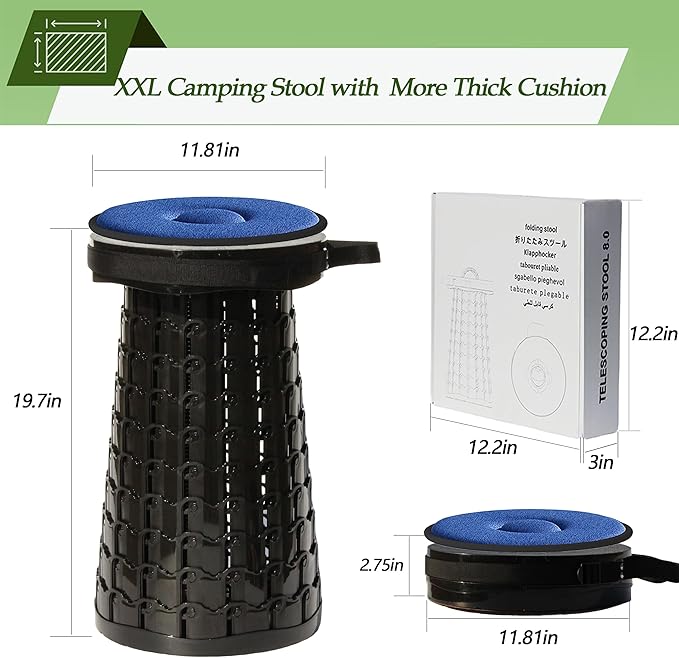 ALEVMOOM Upgraded XXL Collapsilbe Stool with Cushion,More Sturdy and Height 19.7“,D11.8”,Portable and Lightweight Adjustable Telescoping Stool for Camping Hiking BBQ Max Loading 1000Ibs
