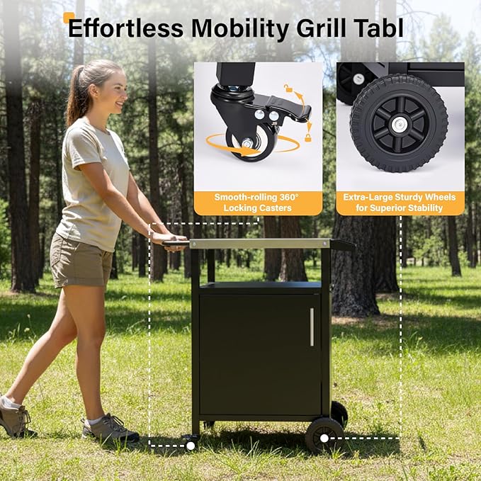VINGLI Outdoor Grill Table Cart with Cabinet, Stainless Steel Movable Kitchen Island with Large Storage Cabinet, Multifunction Food Prep Table with Bottle Opener and Seasoning Tray, for Patio, Home