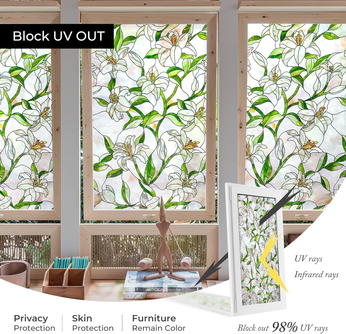 3D Stained Glass Window Film, Decorative Window Privacy Film for Bathroom,Front Door,Home, Sun Blocking Heat Control,Static Cling, White Lily 23.6inch x 35.4inch