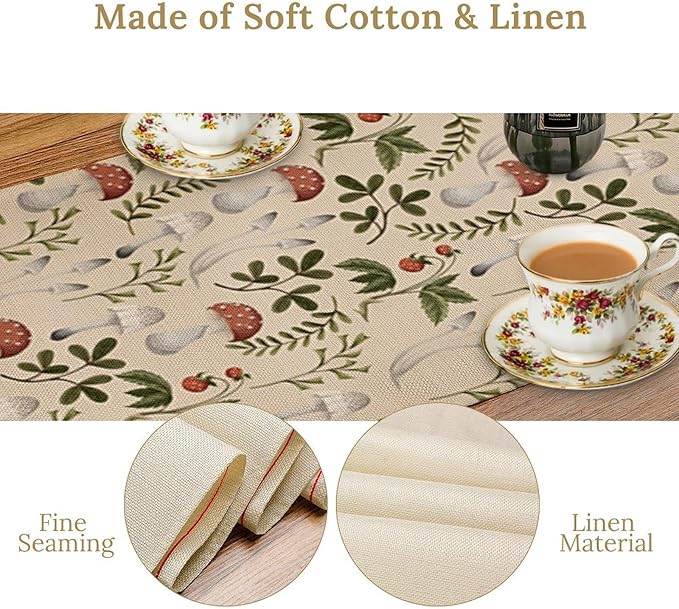 Mushroom Table Runner,Vintage Rustic Boho Botanical Plant Print Tablerunner for Home Kitchen Dining Coffee Table Indoor Outdoor Party Decor 13x120in