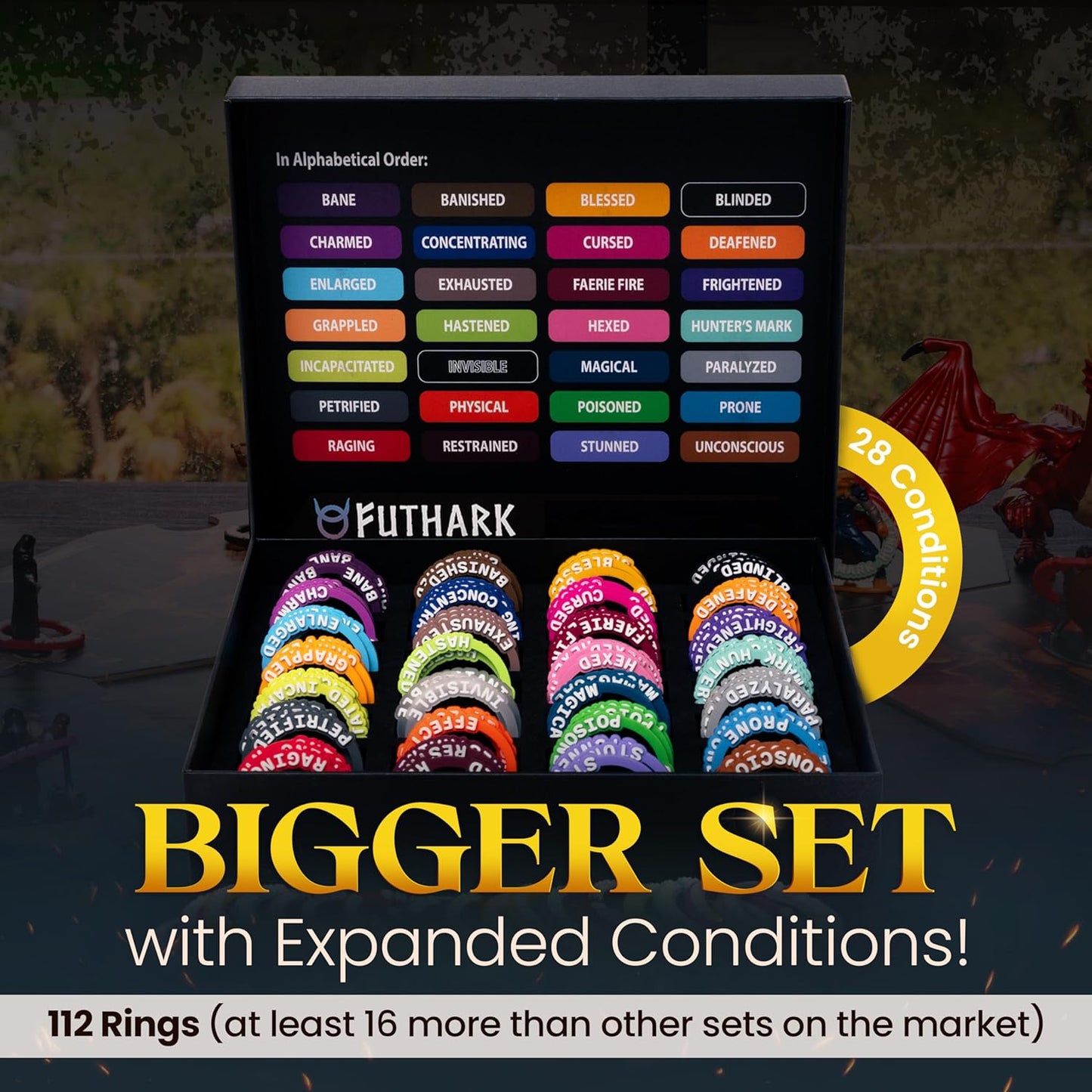 Futhark DND Condition Rings Set: 112 Vibrant DND Condition Markers to Eliminate Confusion - Great DND Gift in Exceptional Storage Box - RPG Accessories for Unforgettable Dungeons and Dragons Nights