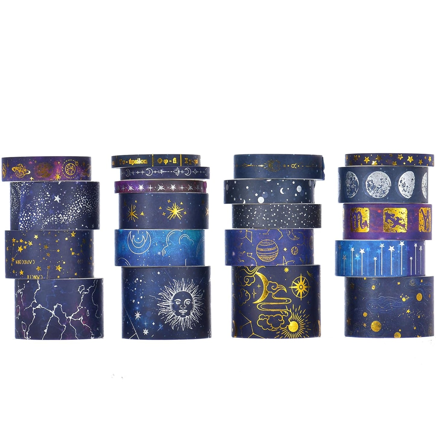 20 Rolls Galaxy Washi Tape Set Stars Arts Adhesive Tapes Gold Silver Foil Decorative Masking Tape Sets for Craft, Kids, Scrapbook, DIY, Gift Wrapping