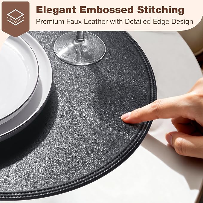 Round Vinyl Black Placemats Set of 6, Faux Leather Waterproof Wipeable Heat Resistant Place Mats, Washable Table Mats for Halloween, Thanksgiving & Christmas Dinner(Black)