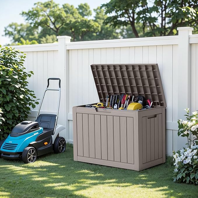 EasyUp 45 Gallon Outdoor Storage Box, Resin Waterproof UV-Resistant Deck Box, Reinforced Stability for Patio, Garden, and Poolside, Striped Gray