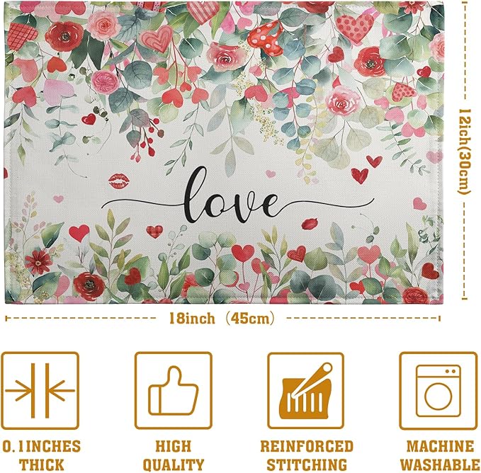 Valentines Day Love Heart Rose Placemats Set of 4 Valentine Eucalyptus Leaves Linen Table Mats Heat 12x18 Inch Spring Resistant Washable Table Mats for Kitchen Dining Decoration