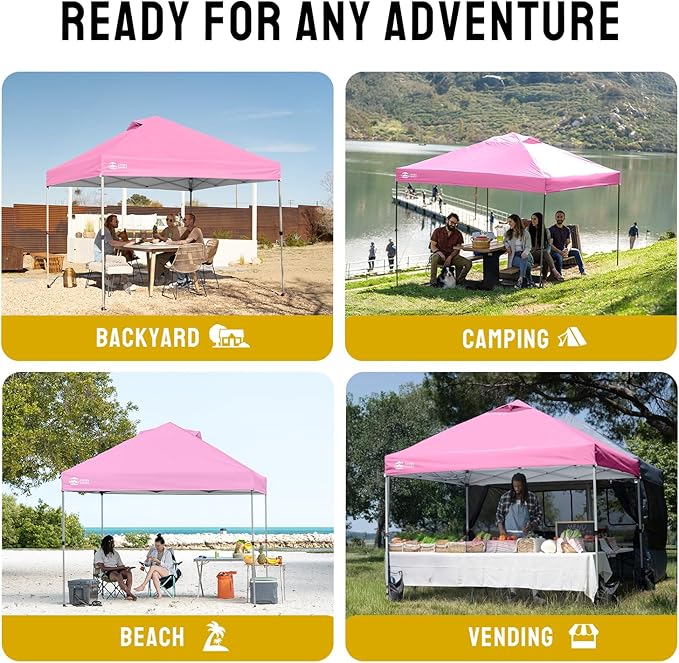 CROWN SHADES 10x10 Pop Up Canopy - Beach Tent with One Push Setup - Easy Outdoor Sun Shade for Events, Parties, Camping - Gazebo with STO-N-Go Cover Bag, Silver Coated Top, Pink