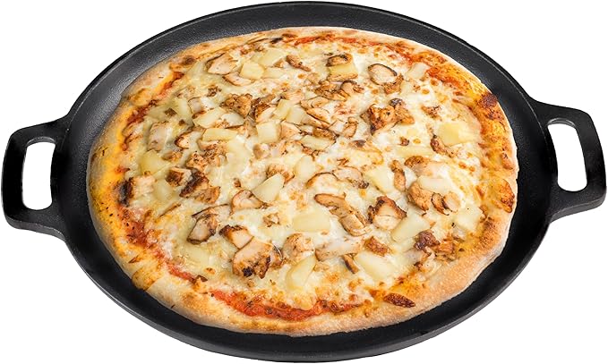 Sunnydaze 13.75-Inch Pre-Seasoned Cast Iron Pizza Pan with 2 Side Handles for Cooktop, Oven, and Grill