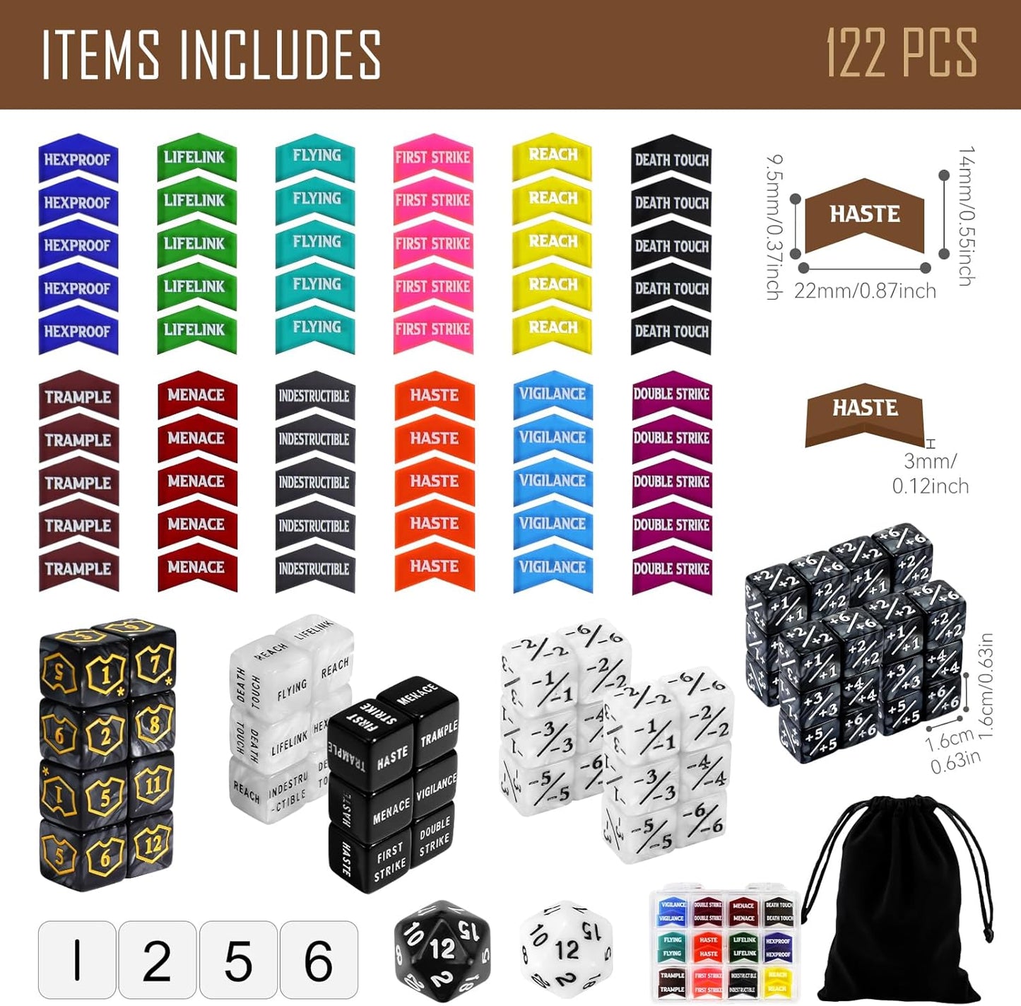 122PCS MTG Abilities Keyword Tokens Dice Counters Set for Magic The Gatering, MTG Buff Tokens Plus 1 Life Counters Dice, Compatible with CCG Creature Stats TCG Magic Card Gaming Accessories