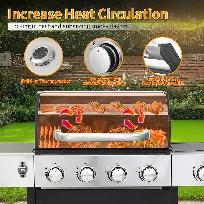 CIG GARDEN 4 Burner Propane Gas Grill with Side Burner, 52,000 BTU BBQ Grill with Cast Iron Grates and Double-layer Stainless Steel Lid, Outdoor Barbecue Grill Perfect for Balcony, Backyard, Camping