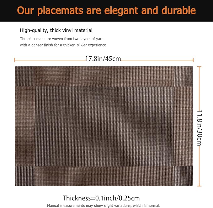 Placemats Set of 12 Washable&Wipeable Place mats for Dining Table Kitchen Indoor Outdoor Table Mats Heat Resistant Non Slip Woven Vinyl Table Placemats (Brown，12PCS)
