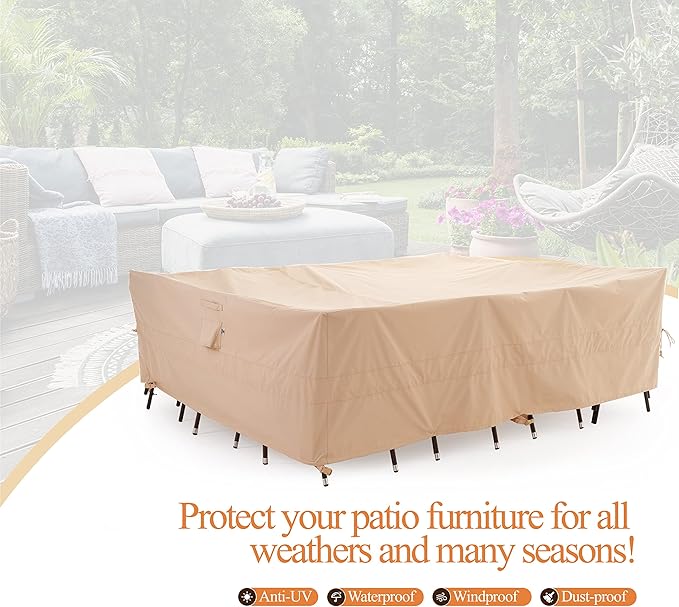 WJ-X3 Rectangle 96 Inches Patio Furniture Cover, Heavy Duty Outside Table Cover, Lawn Furniture Cover Waterproof, High Wind Resistant Design for Winter, Anti-Fading 96W x 64D x 31H Inches, Beige