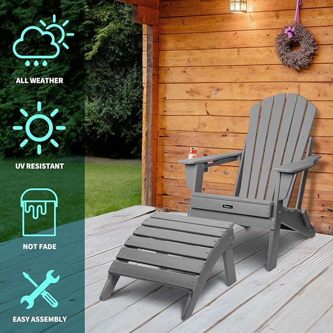 FUNBERRY Folding Adirondack Ottoman, HDPE All Weather Outdoor Foot Rest, Easy Storage Patio Footstool, Ottomans and Footstools for Outside