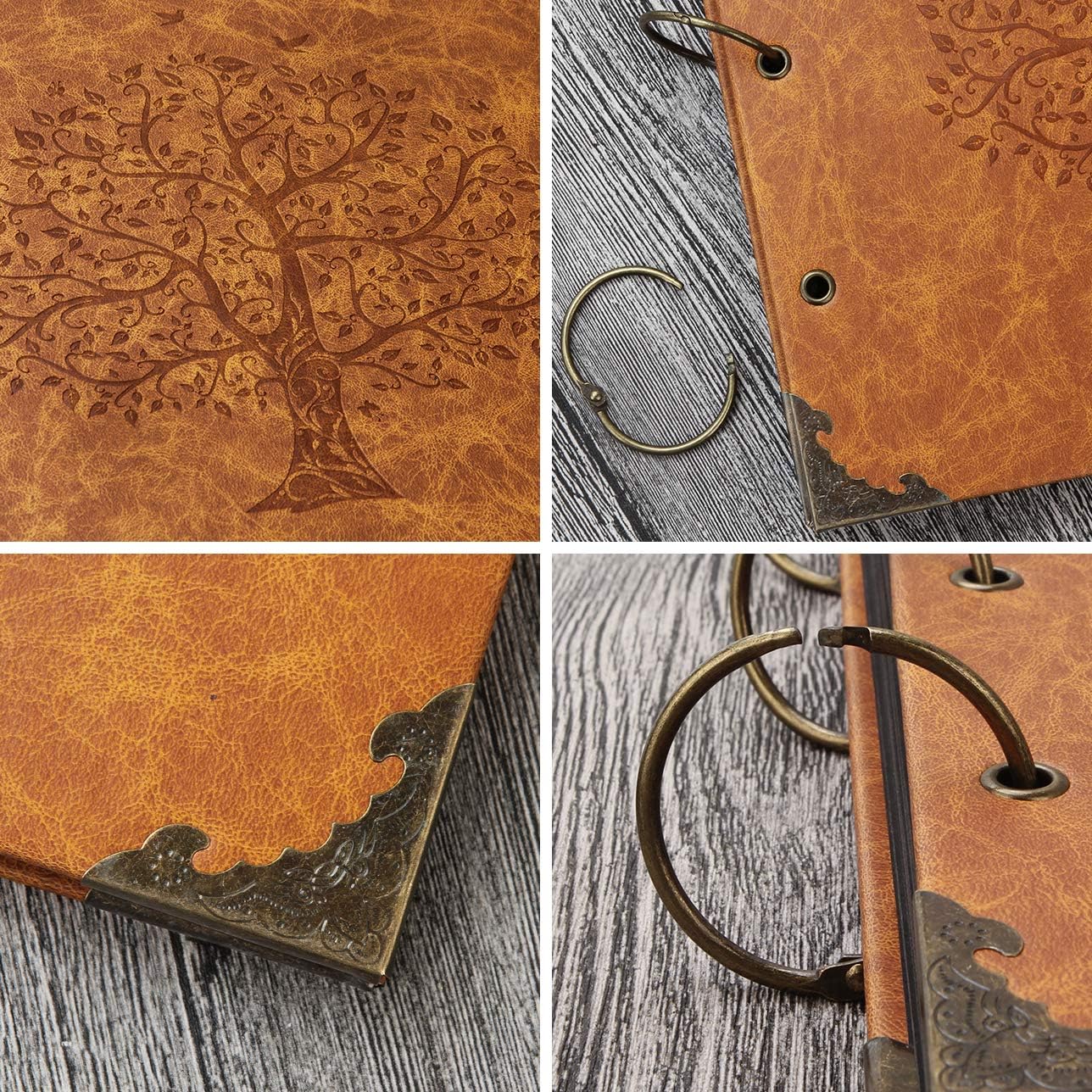 Photo Album DIY Scrapbook 10x10 inch 50 Pages Double Sided, Vintage Leather Cover Three-Ring Binder Picture Booth + 408pcs Self Adhesive Photos Corners for Memory Keep (Family Tree Brown Sugar)