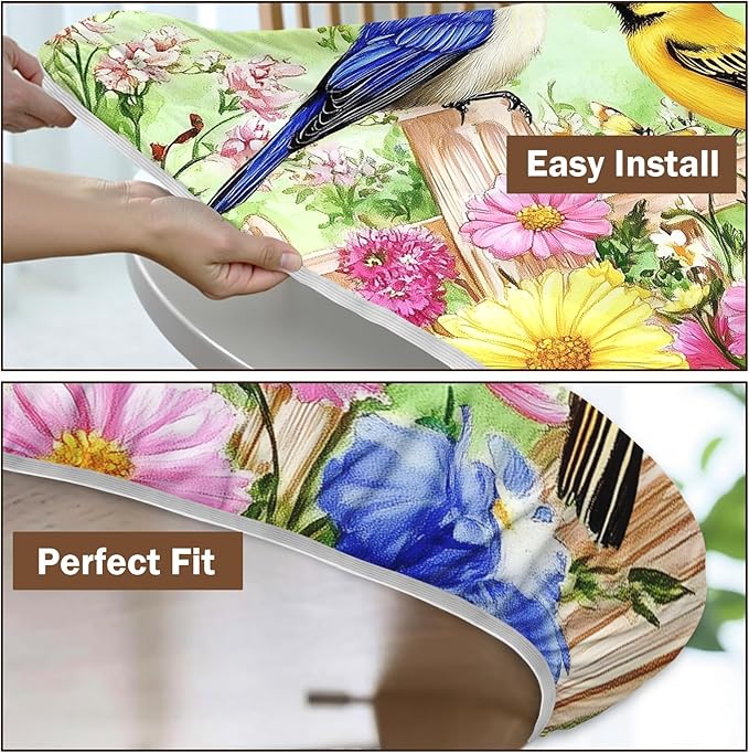Spring Birds Floral Round Fitted Tablecloth with Elastic Colorful Flower Butterfly Circle Table Cloth for 48-52" Round Tables Wipeable Waterproof Farmhouse Easter Table Cover for Outdoor Picnic Dining