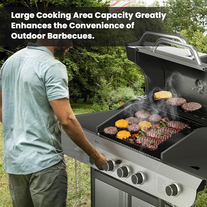 4-Burner Gas Grill with Side Burner,Stainless Steel Propane Grill with Porcelain-Enameled Grills,Built-In Thermometer,42000BTU BBQ Grill for Outdoor Cooking and Patio Barbecues