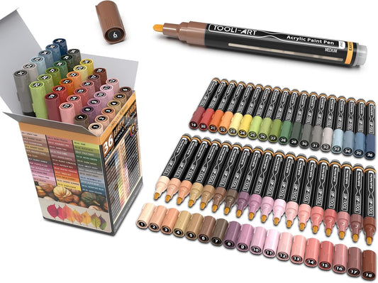 36 Acrylic Paint Pens Skin and Natural Earth Tone Marker Set For Rock Painting, Canvas, Mugs, Glass, Plastic, Wood, Metal, Fabric, Scrapbooking, Most Surfaces. Quick Drying Waterbased (MEDIUM)