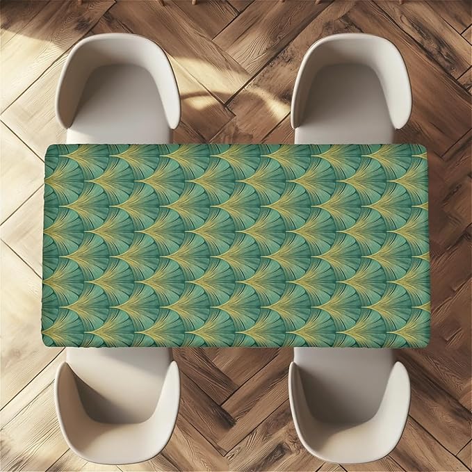 Rectangle Table Cloth Cover Waterproof Elastic Fitted Polyester Fitted Tablecloths for 4 Foot Tables for Indoor,Picnic, Camping, Outdoor （48" x 30"，Green Sector Geometry）