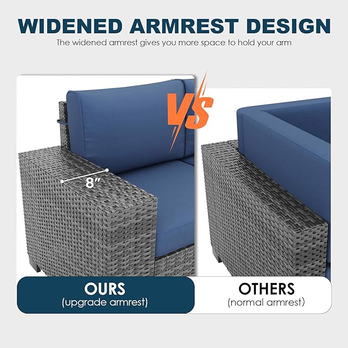 7 Piece Patio Furniture Set with Fire Pit Table, Outdoor Conversation Sets Wicker Rattan Sectional Sofa with Coffee Table, 4'' Thickened Cushion Navy Blue (Include Waterproof Cover)