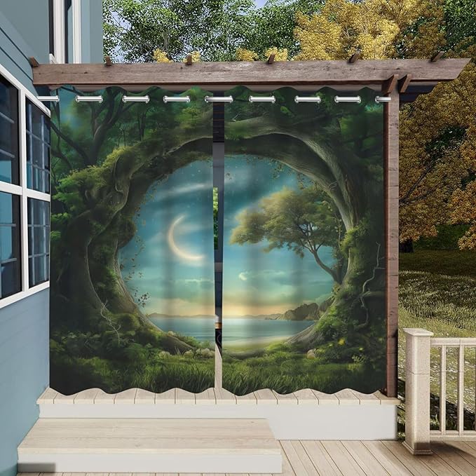 Forest Theme Waterproof Outdoor Curtains for Patio,Trees Moon Lake Pattern,Light Filtering Curtains Outside Curtains for Porch, Gazebo, Pergola, Backyard,2 Panels,W54 x L84,Green