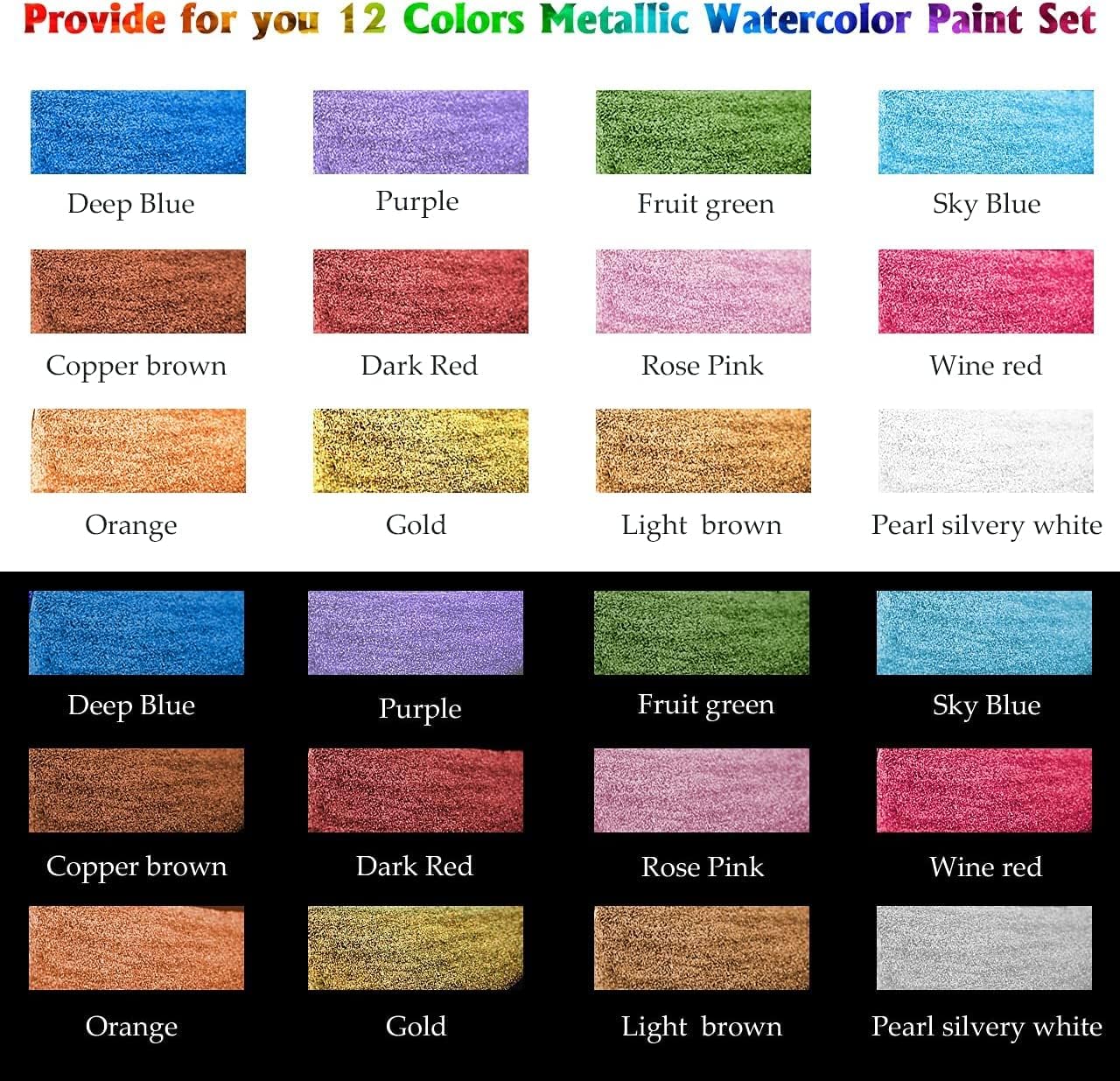 Emooqi Watercolor Paints Set, Metallic Glitter Watercolour Solid Paint Include 12 Metallic Glitter Color 2 Water Brushes 2 Color Card Storage Bag, Ideal for Illustrations Painting.