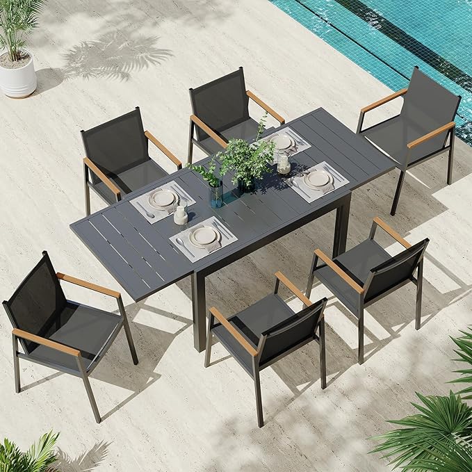 Expandable Outdoor Patio Dining Table Set for 6-8 Person, Aluminum Outdoor Table and 6 Chairs with Textilene Fabric & HDPS Armrest, All-Weather Patio Furniture Set for Yard, Garden, Gray