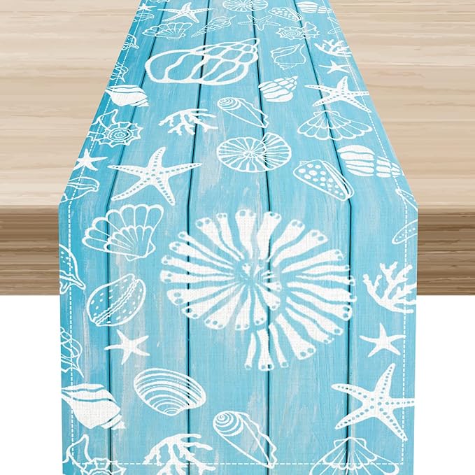 Beach Starfish Table Runner, Blue Wooden Nautical Coastal Ocean Seashell Teal Print Summer Vintage Coffee Table Center Decor for Family Holiday Party Kitchen Farmhouse Table Decorations, 13" X 108"