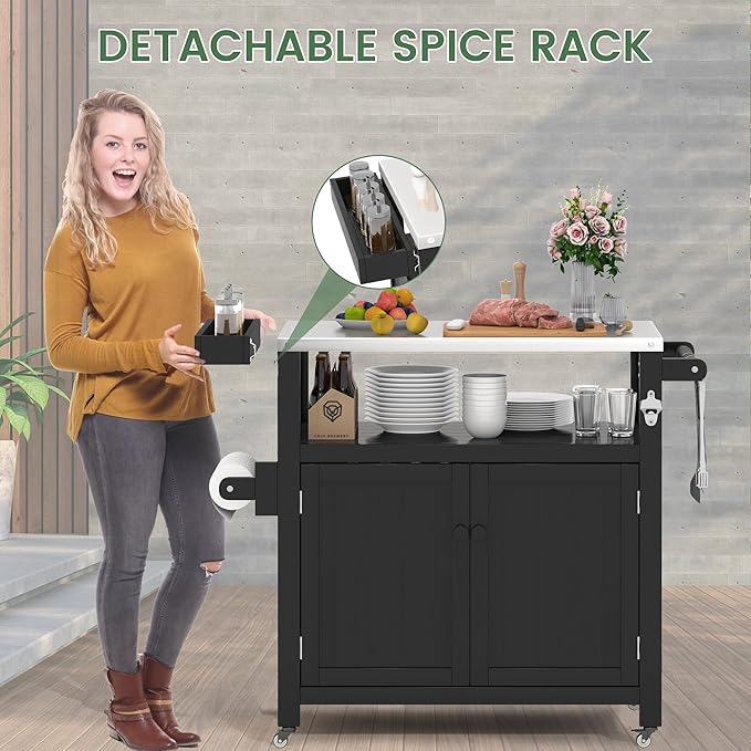 Weatherproof HIPS Outdoor Kitchen Island with Stainless Steel Top & Storage Cabinet, Movable Prep Table with Wheels for BBQ Food Prep, Outdoor Grill Cart for Parties, Black