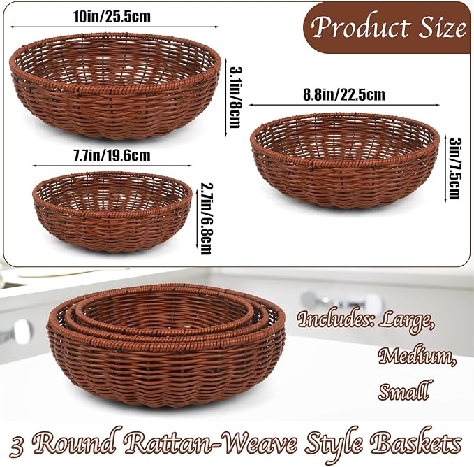 Imitation Wicker Bread Basket, 3 Pack Woven Rattan Basket Round Woven Baskets Woven Breads Baskets For Serving Vegetables, Kitchen, Restaurant, Outdoor, 3 Sizes (Brown)