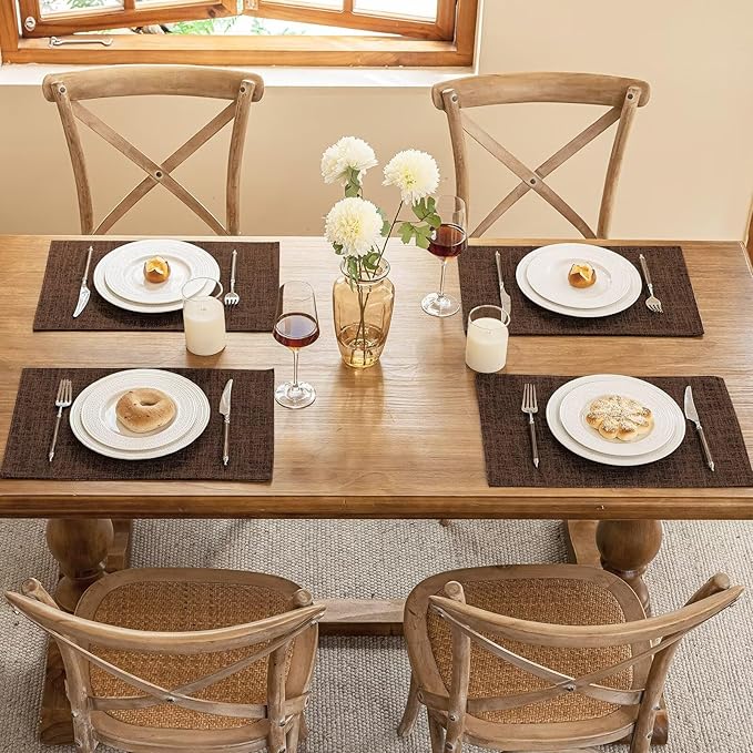 Blue Forest Placemats Set of 4, Dual-Layered Thickened Faux Linen Cloth Place Mats Heat Resistant Machine Washable Wrinkle Free Table Mats Indoor/Outdoor (Brown)