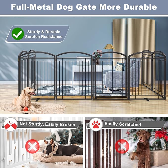 Full Metal Free Standing Dog Gate with Door for Indoor Outdoor, 192'' Extra Wide 36'' Tall Dog Gate for Doorways,Large Openings,Decks,Pet Puppy Freestanding Safety Fence(8 Panels,Black)