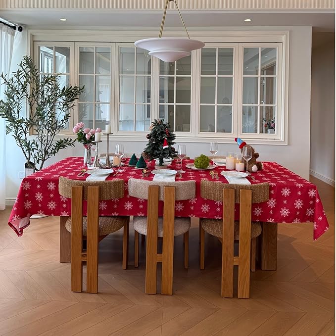 Christmas Red Tablecloth, Rectangle Table Cloh with Snowflake Decorations, Spillproof Cotton Linen Fabric Table Cover for Holiday, Winter, Party - 60''x120''