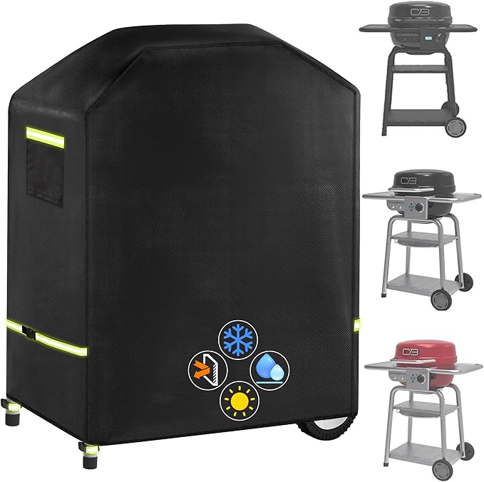 Grill Cover, 600D Heavy Duty Waterproof Small BBQ Grilling Cover with Reflective Straps and Handles, Compatible for Weber Charbroil Bistro Pro Electric Grill & Griddle, L33*W23.2*H37