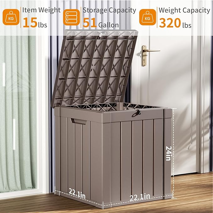 EasyUp 51Gal Outdoor Deck Box, Lager Patio Storage Box Indoor and Outdoor Use,Resin Storage Bin for Patio Furniture Cushions Garden Tools, Package Delivery (Gray)