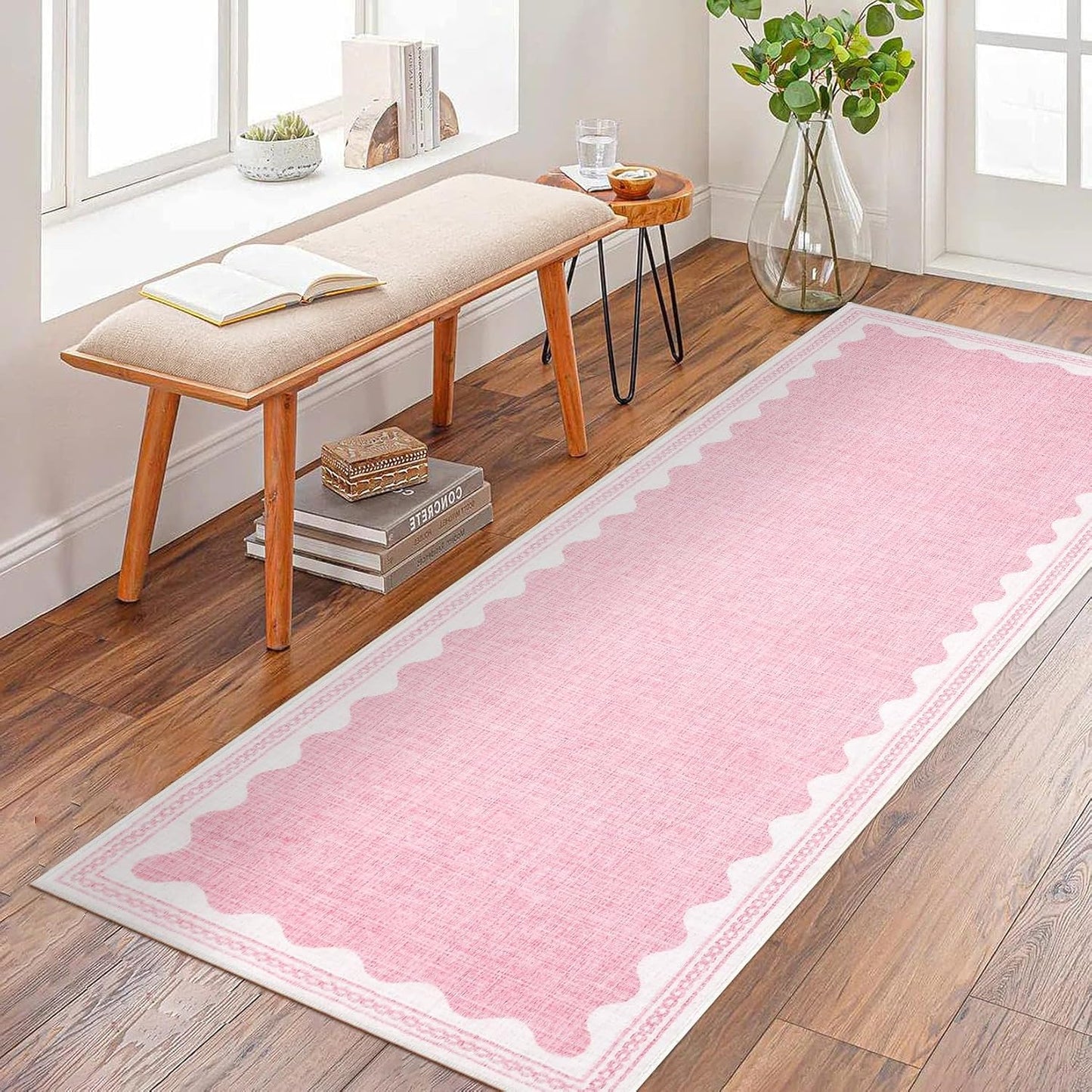 Scalloped Rug 2x6 Runners for Hallways, Solid Pink Runner Rug Non Slip Scalloped Bath Runner, Washable Rugs for Bedroom Girls, Rugs for Kitchen Floor Soft Dorm Nursery Carpet for Bedside