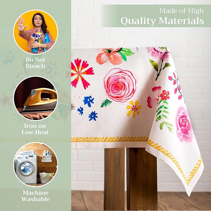Maison d' Hermine Table Cloth Rectangle Table 100% Cotton 70 x 120 Inches Tablecloth Reusable for Dining Room, Farmhouse, Home, Party, Festive & Wedding Spring Summer - Happy Florals - Sweety