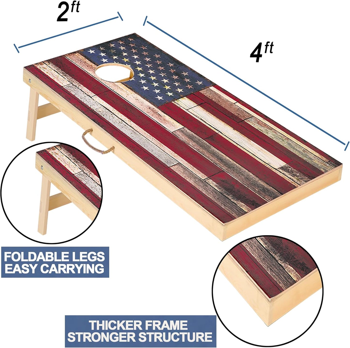 Solid Wood Vintage Cornhole Game Set, Two 4'x2'Cornhole Boards, 8 Cornhole Bags for Indoor and Outdoor Toss Games Competitions, Tournaments