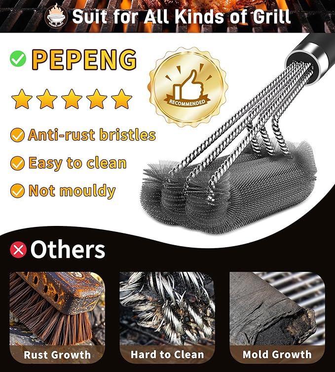 BBQ Grill Cleaning Brush, Heavy Duty Grill Cleaning Brush for Outdoor Grill, 3-Branch Stainless Steel Bristles Cleaner for Easier and Effective Clean, BBQ Tools for Gas/Charcoal Grilling Grates