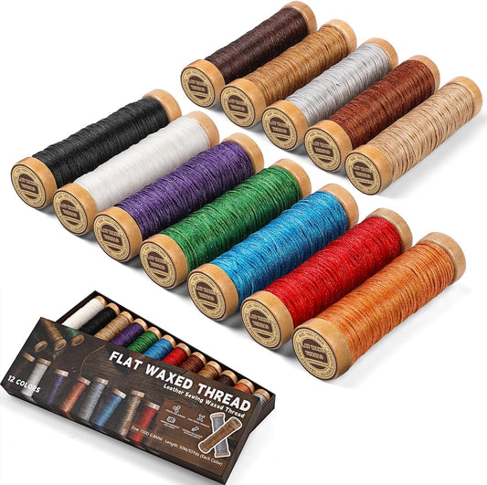 12 Colors Waxed Thread for Leather Sewing, 660 Yards Flat Leather Sewing Thread, 150D Waxed Cord for Stitching Repairing Book Binding Canvas Sofa Furniture