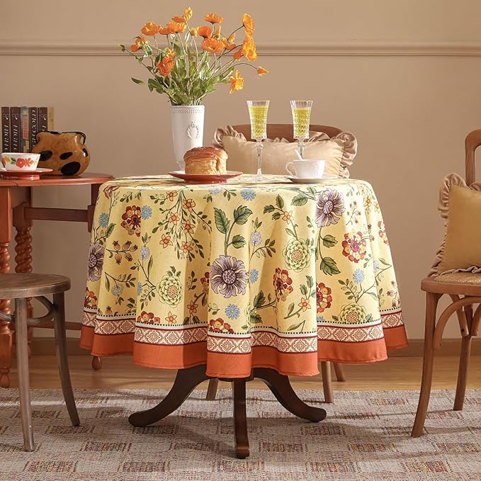 Vintage Linen Small Tablecloth for Round Table,Yellow Floral French Wrinkle Free Tablecloths,Decorative Table Cover for Kitchen,Dining,Thanksgiving,Farmhouse,Diameter 55"-Bellano