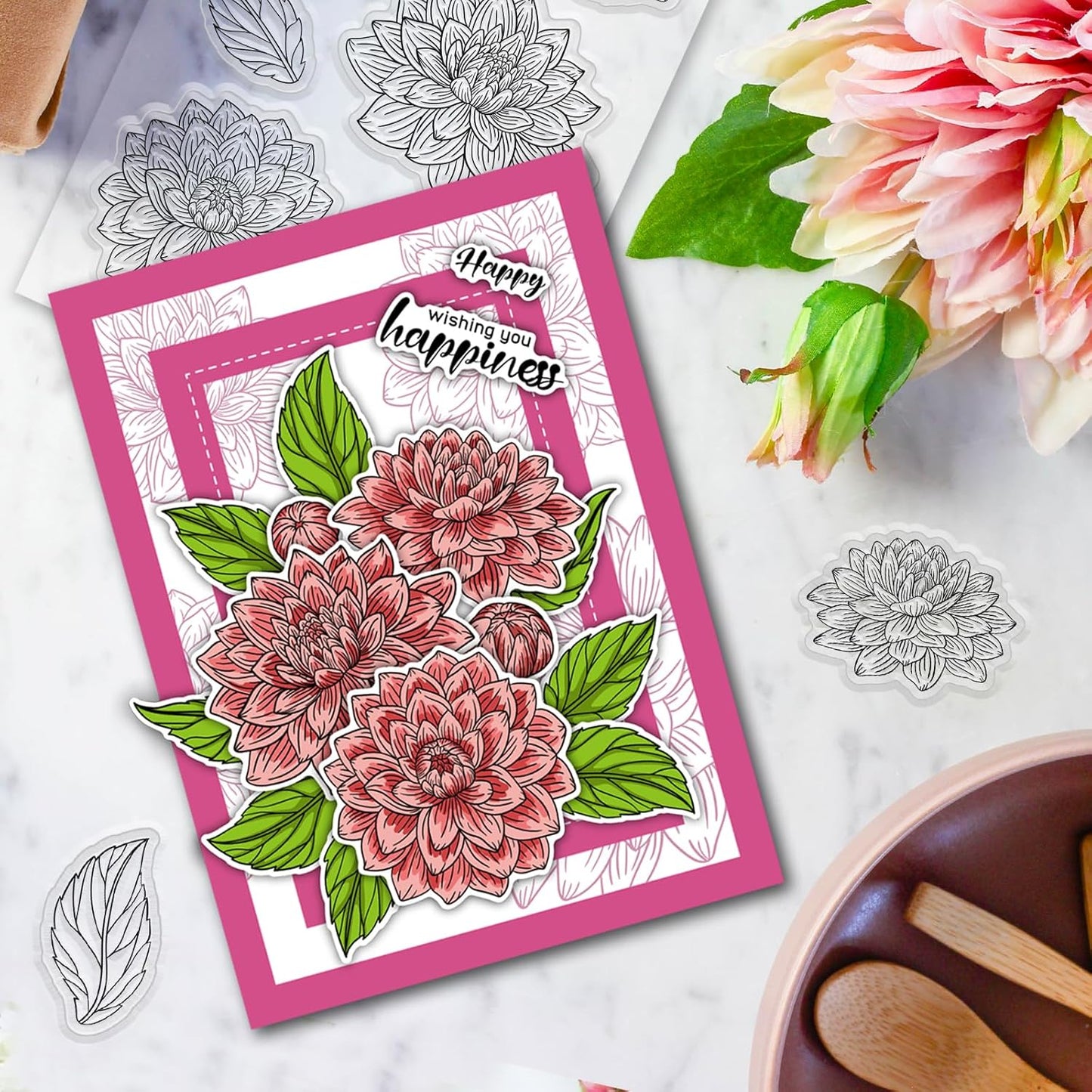 ORIGACH Dahlia Layering Stencil Stamp and Die Set for Card Making, Flower Stencil Template Silicone Clear Stamps and Metal Die Sets for DIY Scrapbooking Photo Album Crafting