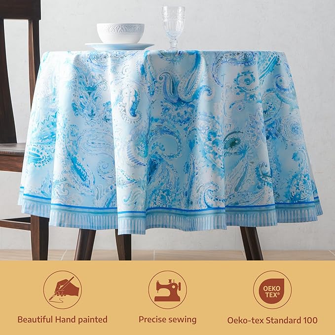 Maison d'Hermine Premium Table Cloth Round Table 100% Cotton 70 Inches Tablecloth Reusable Decorative Everyday Use for Dining Room, Farmhouse, Home, Party, Festive & Wedding - Paisley Blues