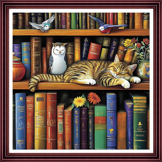 Redxing Stamped Cross Stitch Kits Full Range of Embroidery Starter Kits- Needlepoint Counted Cross Stitch Kits for Beginner Adults 11CT Printed Embroidery Kit-cat Sleeping in on Bookshelf 18x18 inch