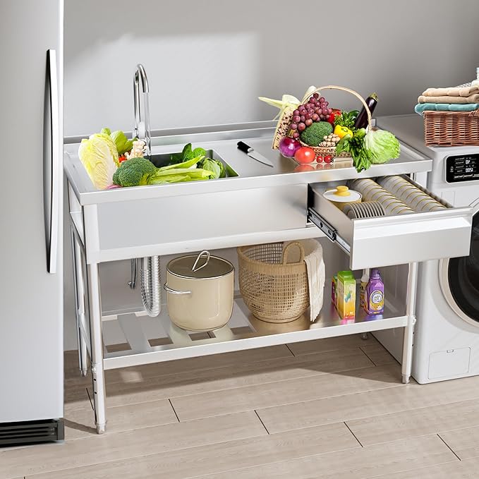 304 Stainless Steel Utility Sink – Free Standing Single Bowl with Workbench, Storage Drawer & Faucet, Hot and Cold Water Pipes for Laundry Room, Farmhouse, Outdoor Use (47")