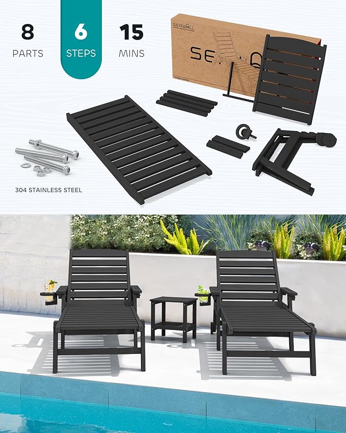 SERWALL Patio Chaise Lounge Chair Set of 6, 5 Positions Adjustable Poly Outdoor Lounger for Pool, HDPE Lounge Chair with Rolling Wheels & Cup Holder for Poolside, Deck, Obsidian Black