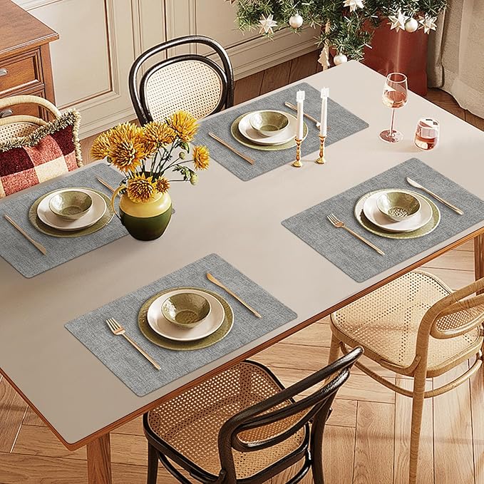 Faux Leather Heat Resistant Placemats Set of 8 – Waterproof Oilproof Wipeable Dining PU Vinyl Place Mat Easy Clean Table Mats for Kitchen/Dining/Party/Holiday, Light Grey