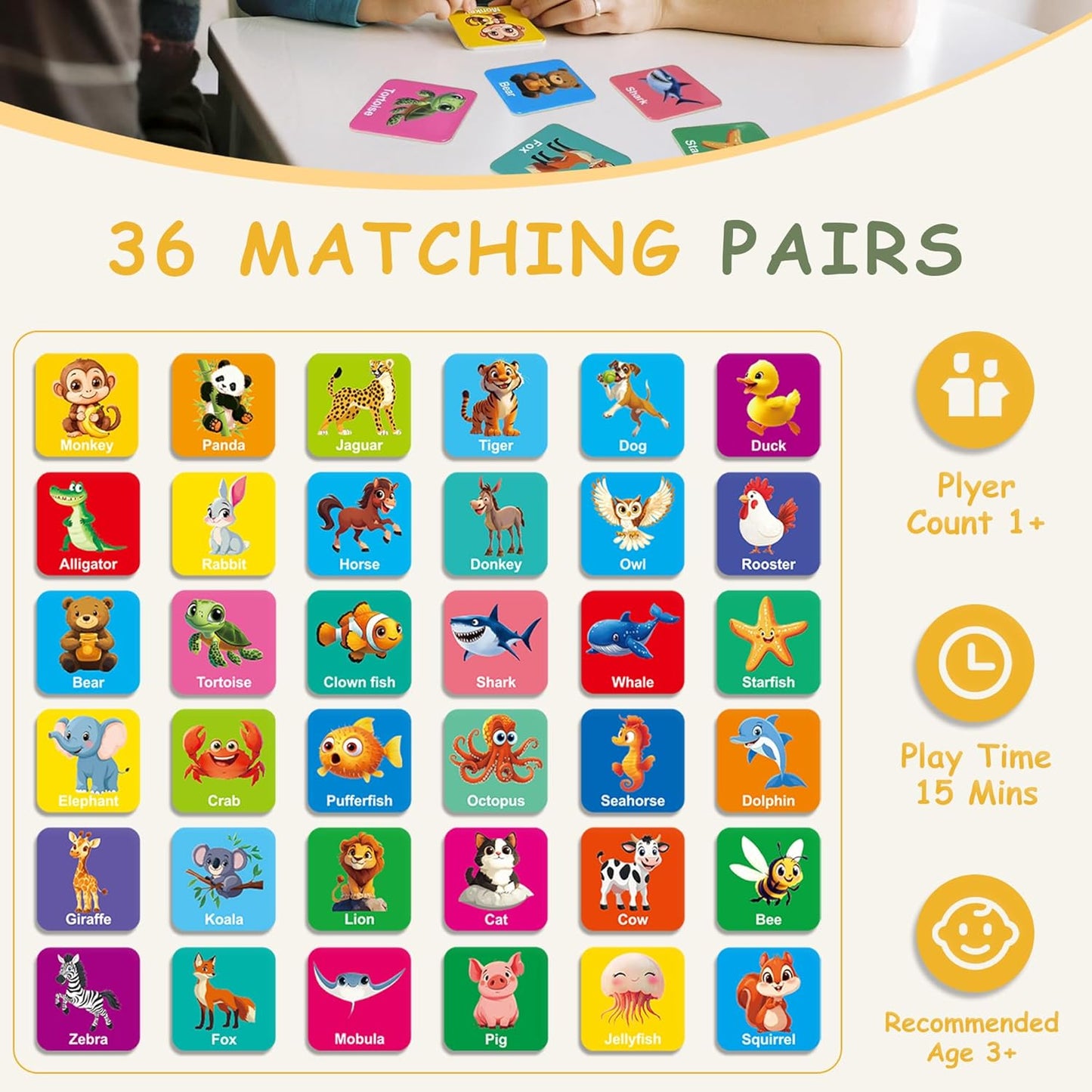 72 PCS Animals Memory Matching Game for Kids, Animal Theme Memory Game for Toddlers, Memory Cards Concentration Game for Ages 3 and Up