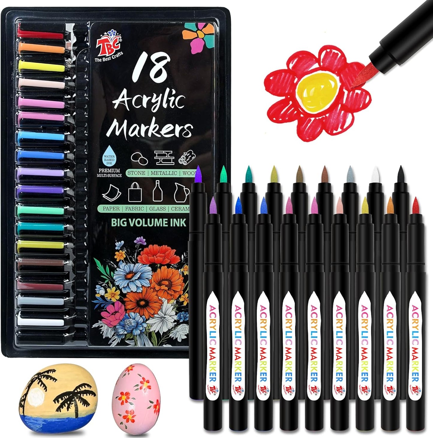 TBC The Best Crafts Acrylic Paint Markers, Big Volume Ink,Waterproof, Non-Toxic, odorless, Suitable for Paper, Pottery, Stones, Backpacks, Glass, Pack of 18